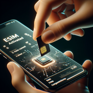 Image impression of an E-Sim being loaded into a smart phone for travelling
